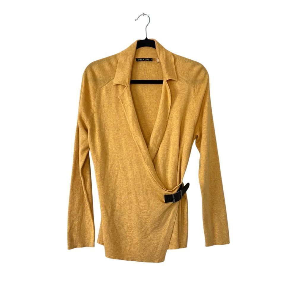 Nic+Zoe Cotton Blend Faux Wrap Sweater Size Large in Yellow